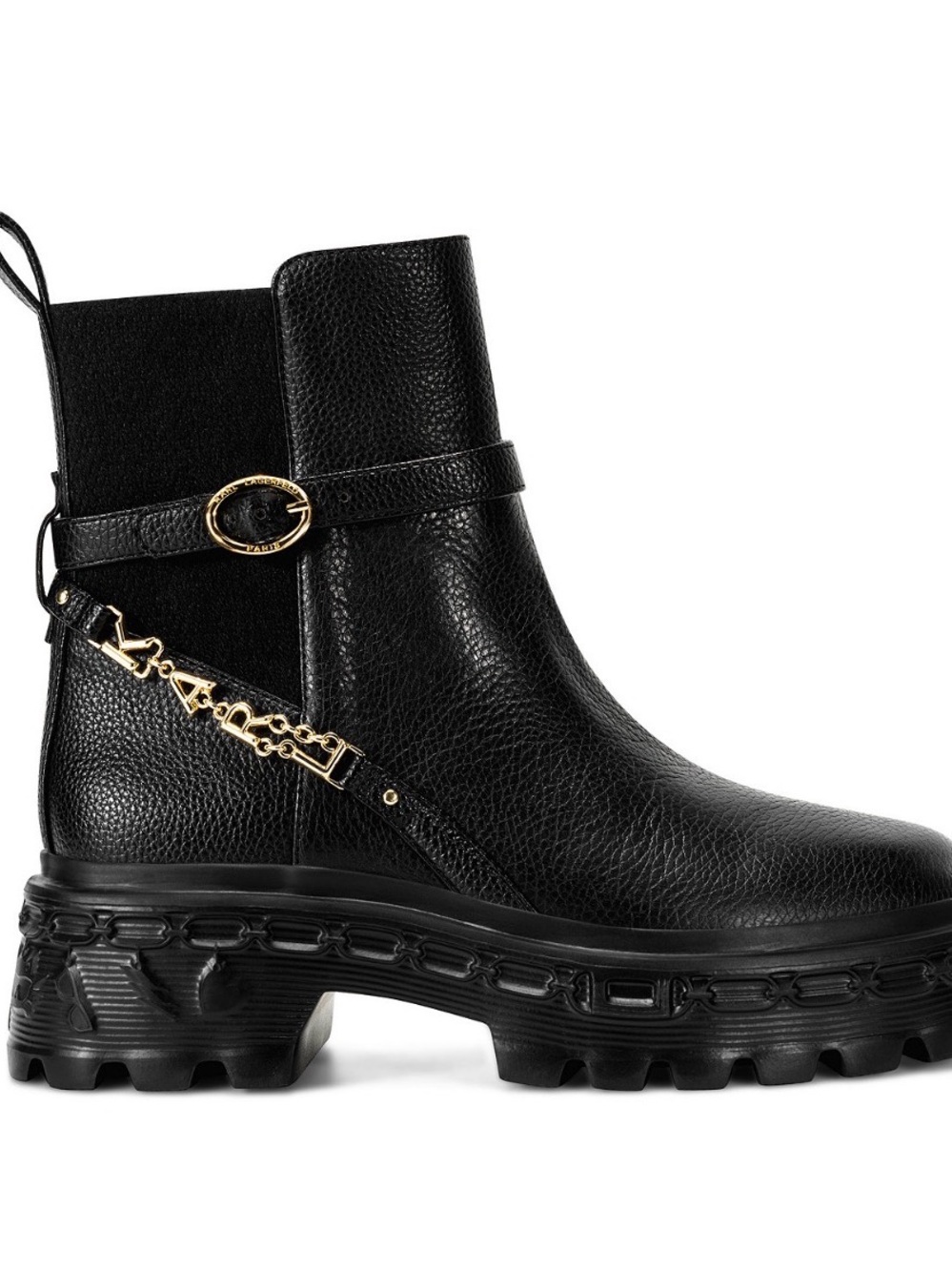 Karl Lagerfeld Black Leather Lug-Sole Chelsea Boot with Gold Chain